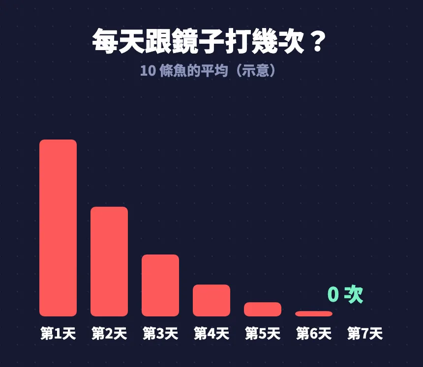 長條圖（示意）：每天跟鏡子打幾次，第 1 天最高、逐日下降，第 7 天 0 次