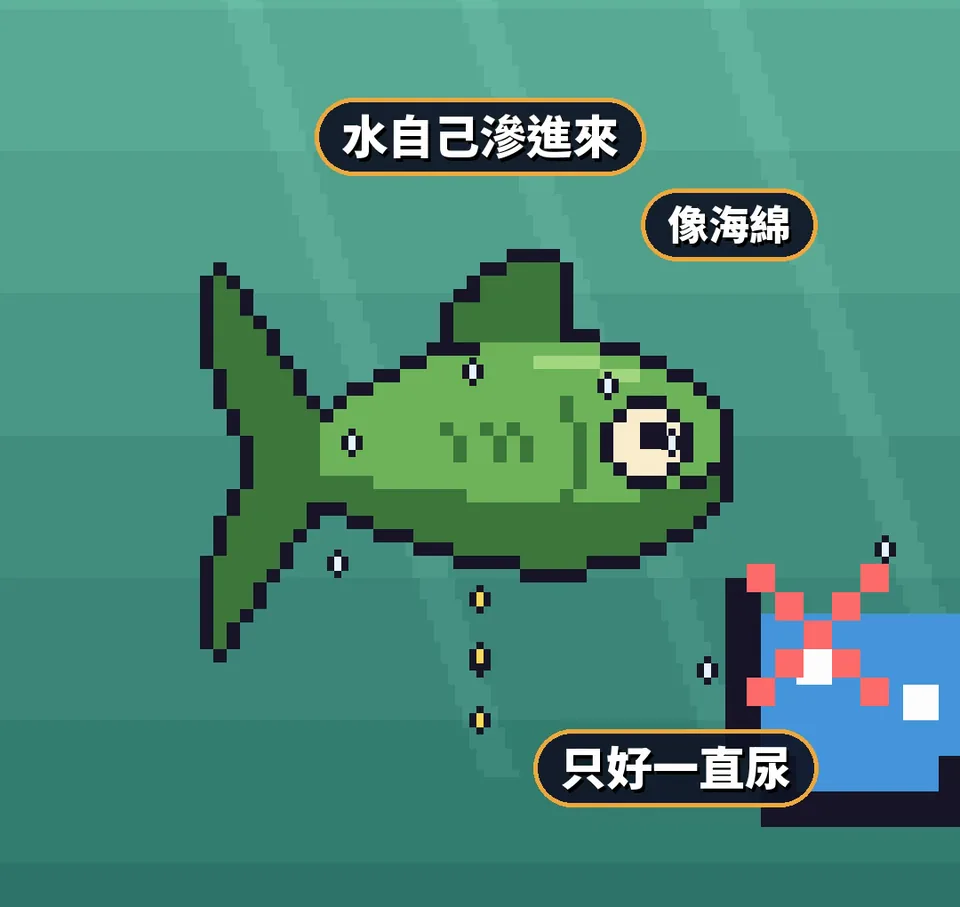 像素示意：淡水魚的水自己從鰓滲進來，像海綿，只好一直尿