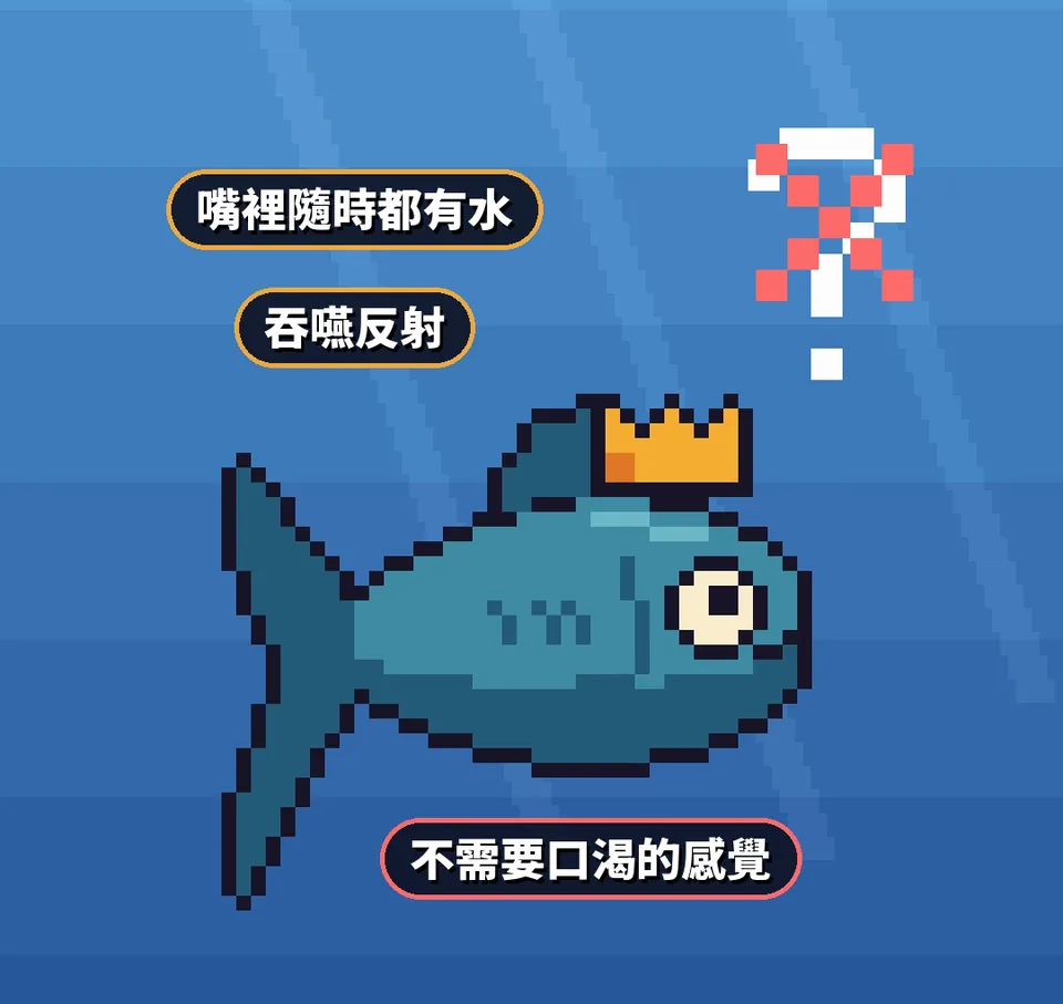 像素示意：魚嘴裡隨時都有水，靠吞嚥反射喝水，不需要口渴的感覺