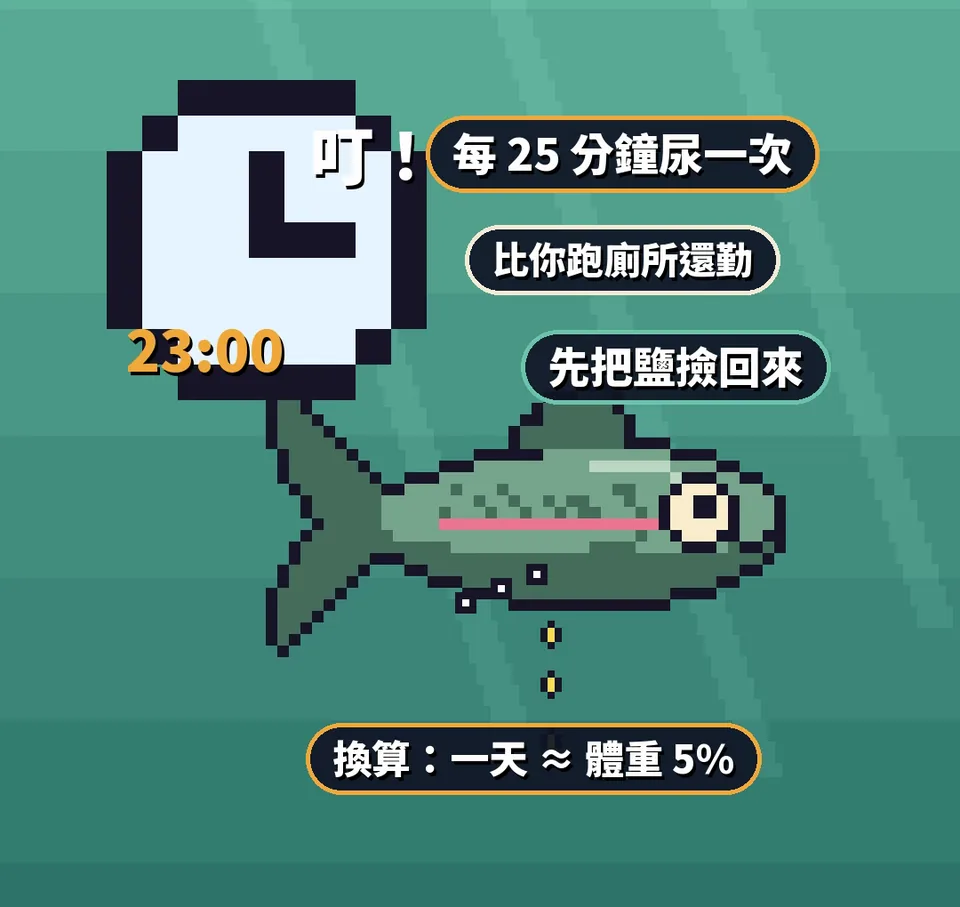 像素示意：虹鱒每 25 分鐘尿一次，先把鹽撿回來，換算一天約體重 5%