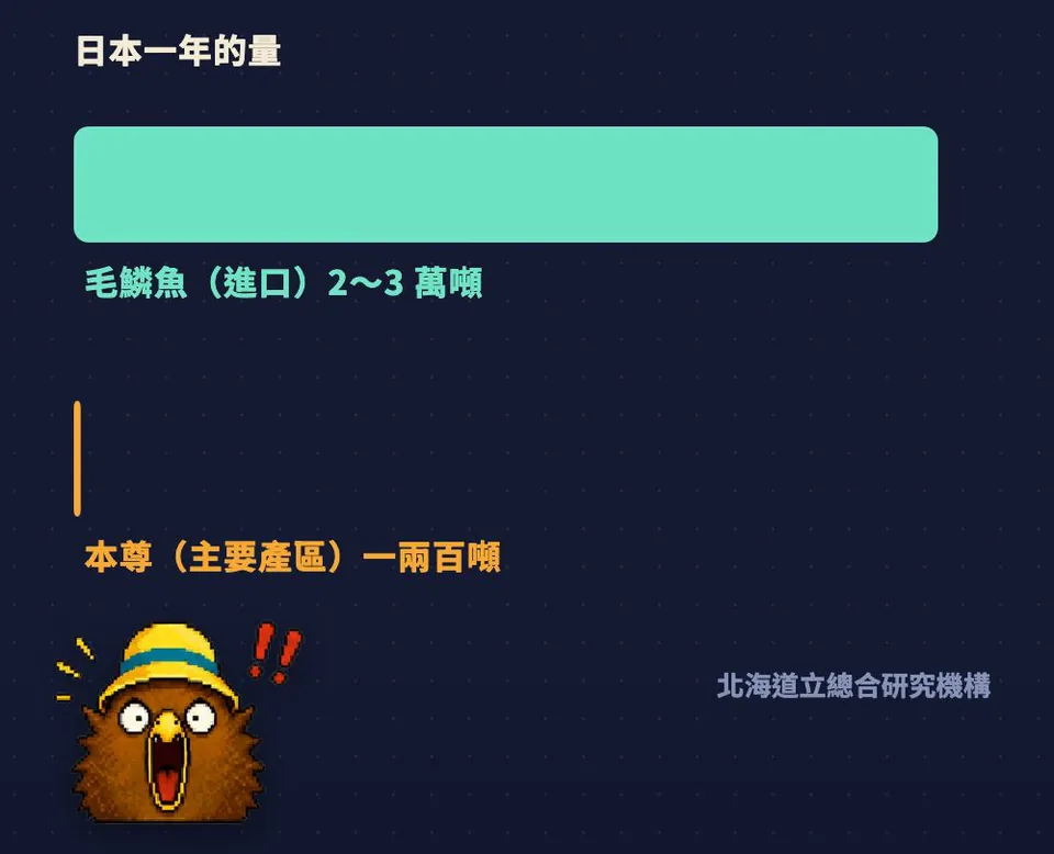 日本一年的量：毛鱗魚進口 2 到 3 萬噸，本尊主要產區一兩百噸