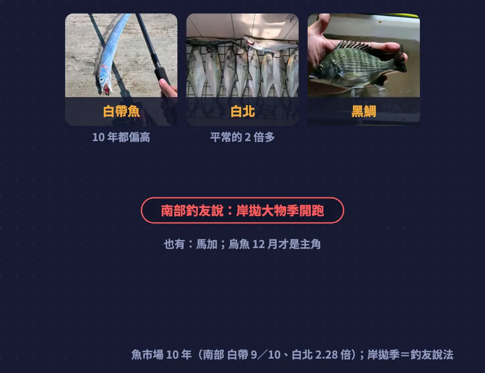 南部圖卡：白帶魚 10 年都偏高、白北是平常的 2 倍多、黑鯛，南部釣友說岸拋大物季開跑；也有馬加，烏魚 12 月才是主角