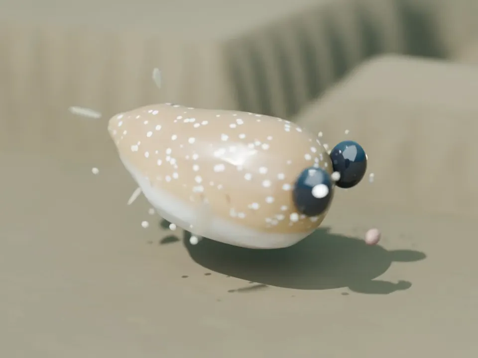 3D 示意:小河豚貼著沙面衝刺,鰭拍起沙霧,在沙地上挖出溝