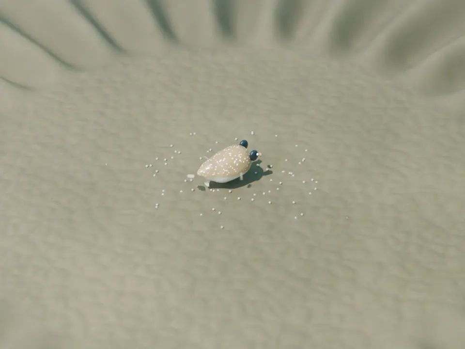 3D 示意:小河豚獨自待在圓中央顧卵