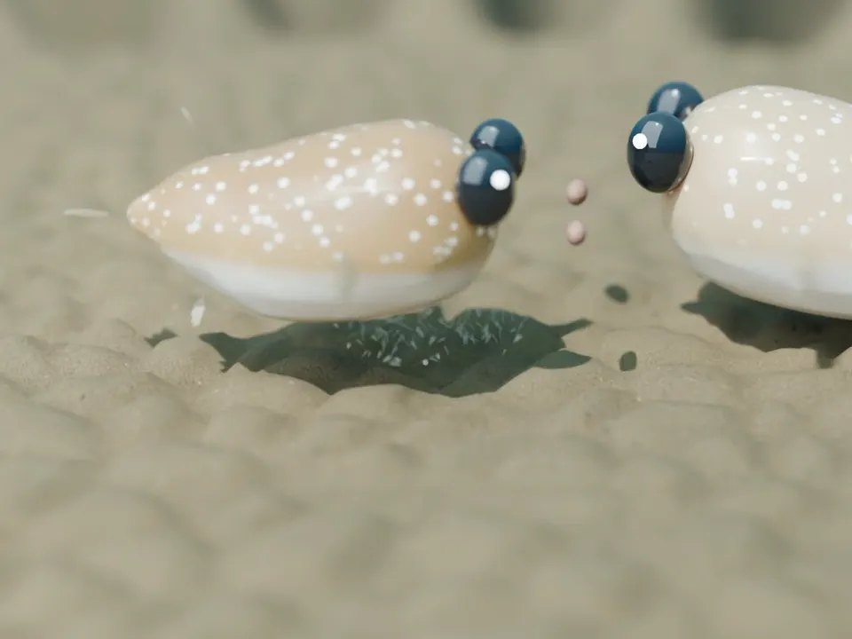 3D 示意:兩條小河豚在沙地上相遇,公魚攪起中央的沙