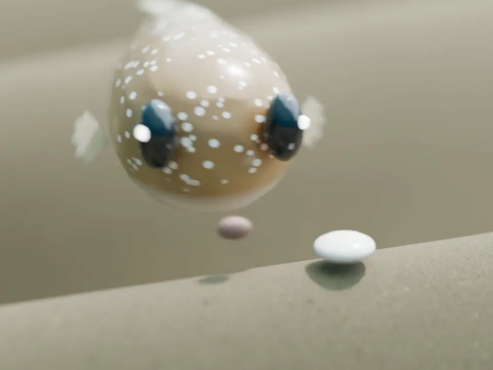 3D 示意:小河豚把一小片白色貝殼擺到沙峰頂上