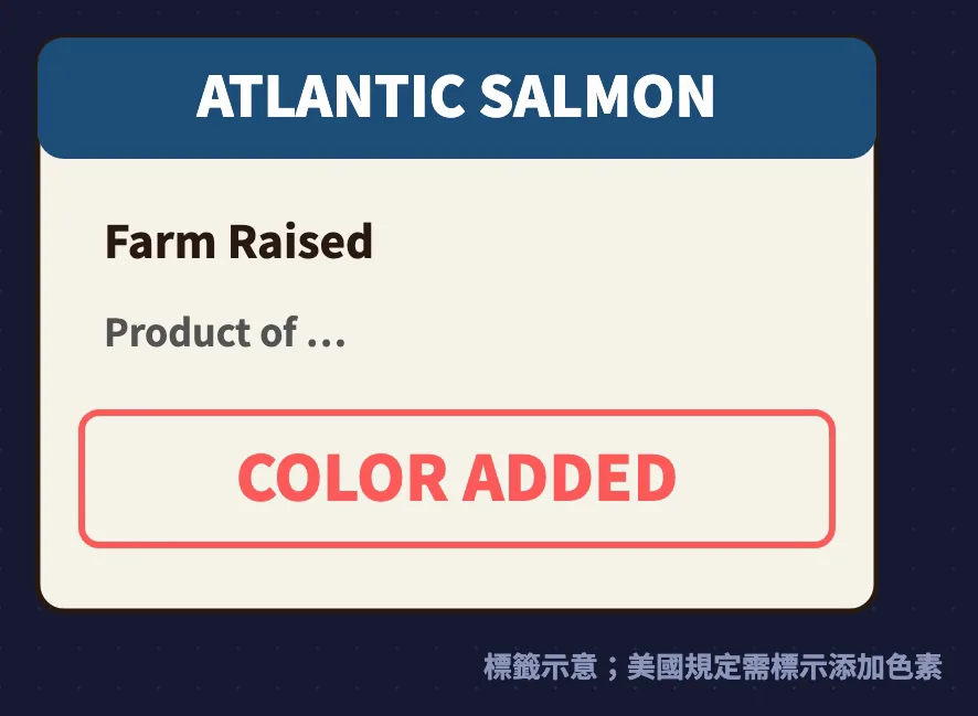 標籤示意：ATLANTIC SALMON Farm Raised，COLOR ADDED