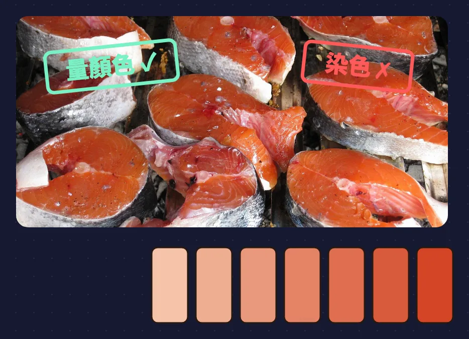 鮭魚切片照片，標示量顏色打勾、染色打叉，下方是色階示意