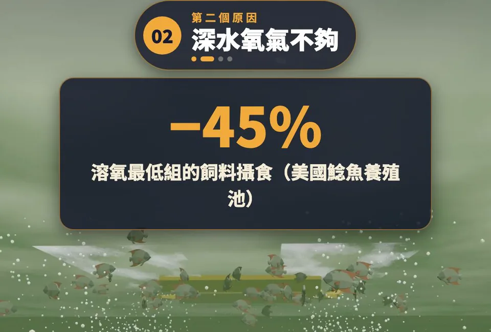 3D 示意：打氣機旁水下聚集的魚群，上方數字卡「−45% 溶氧最低組的飼料攝食（美國鯰魚養殖池）」