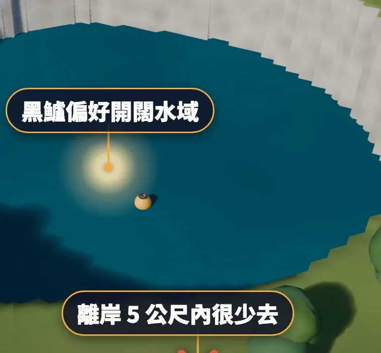 3D 示意：陡壁採石場湖，標註「黑鱸偏好開闊水域」與「離岸 5 公尺內很少去」