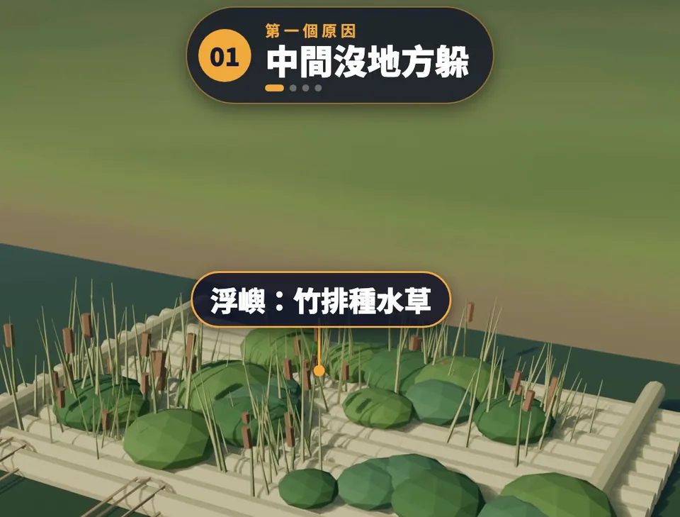 3D 示意：竹排上種滿水草的浮嶼，標註「浮嶼：竹排種水草」