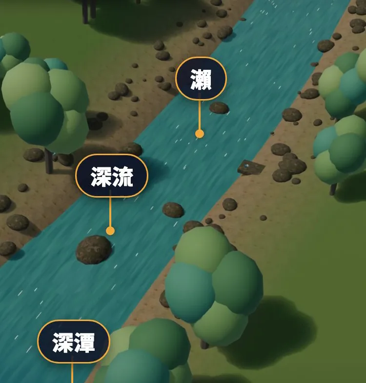 3D 示意：同一段溪標出瀨、深流、深潭三種水