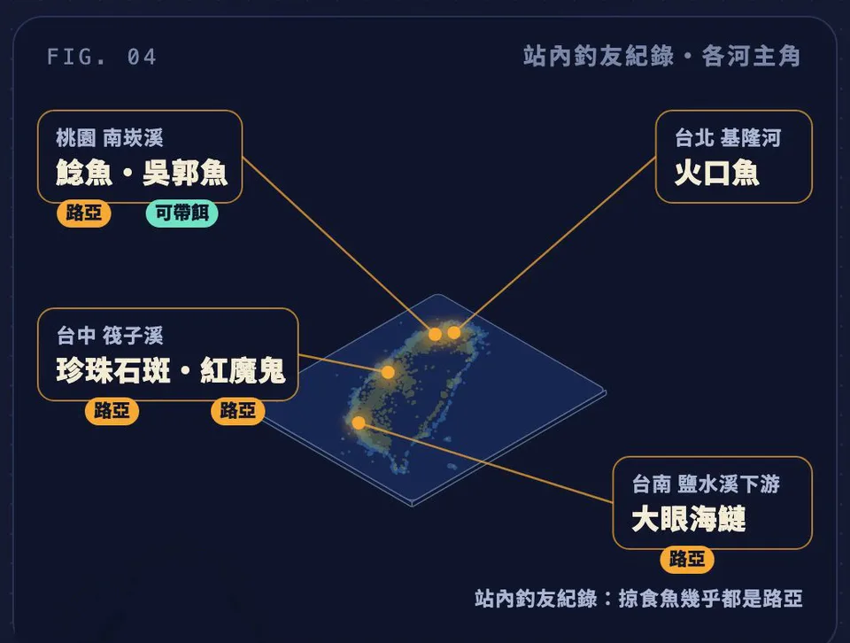 圖解 FIG.04 各河主角：桃園南崁溪鯰魚與吳郭魚、台北基隆河火口魚、台中筏子溪珍珠石斑與紅魔鬼、台南鹽水溪下游大眼海鰱