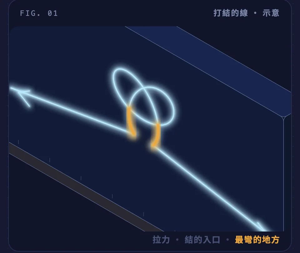 打結的線受拉，結的入口是最彎的地方