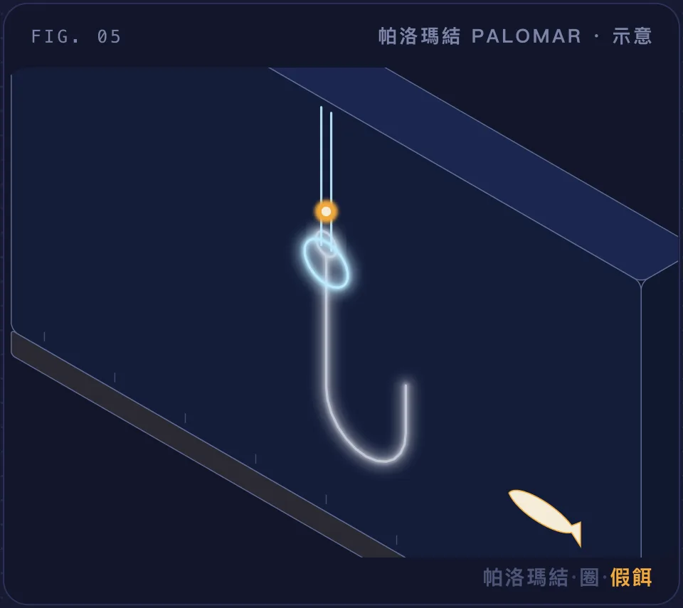 帕洛瑪結雙線穿過鉤眼，線圈要套過假餌