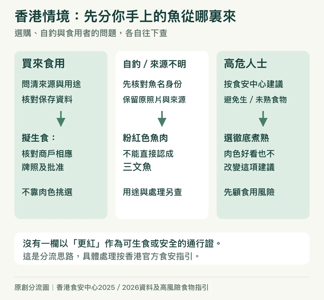 香港三路判讀:購買時查來源用途及相應牌照,自釣或來源不明先核魚名,高危人士避生未熟選徹底煮熟