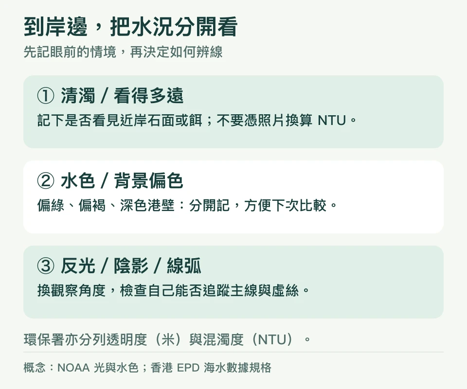 香港岸邊水況紀錄分清濁、水色、反光與線弧，不將肉眼觀察換算為混濁度