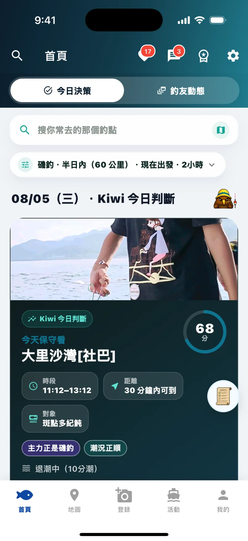 首頁今日決策的 Kiwi 今日判斷主卡,顯示 68 分、建議時段、距離與對象魚