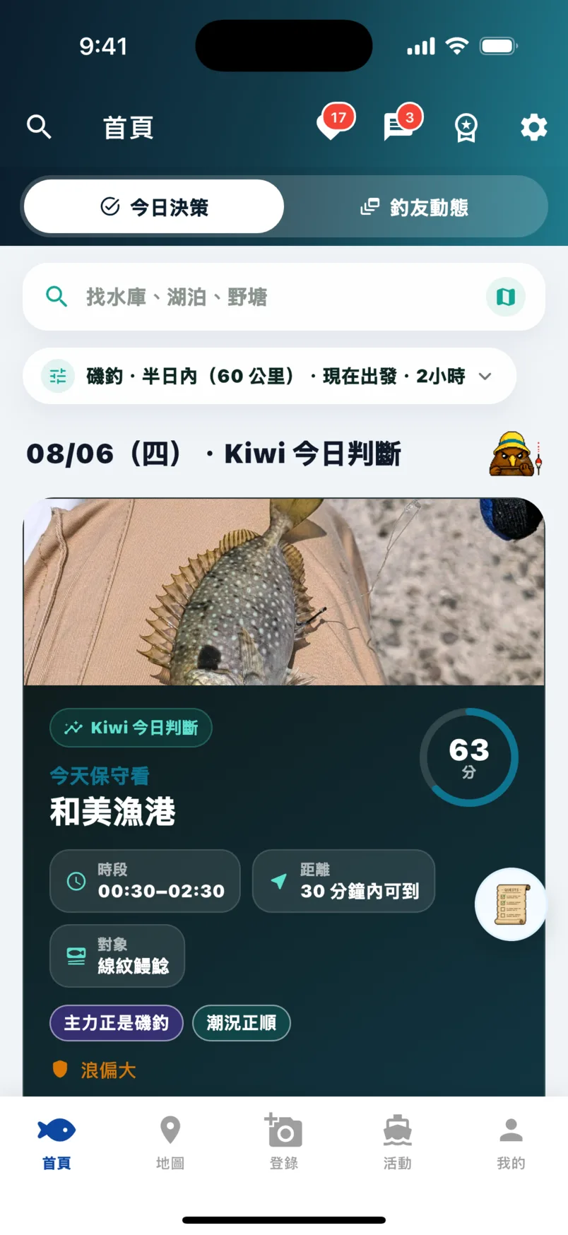 首頁今日決策完整畫面，含頂列、搜尋列、篩選膠囊與 Kiwi 今日判斷主卡