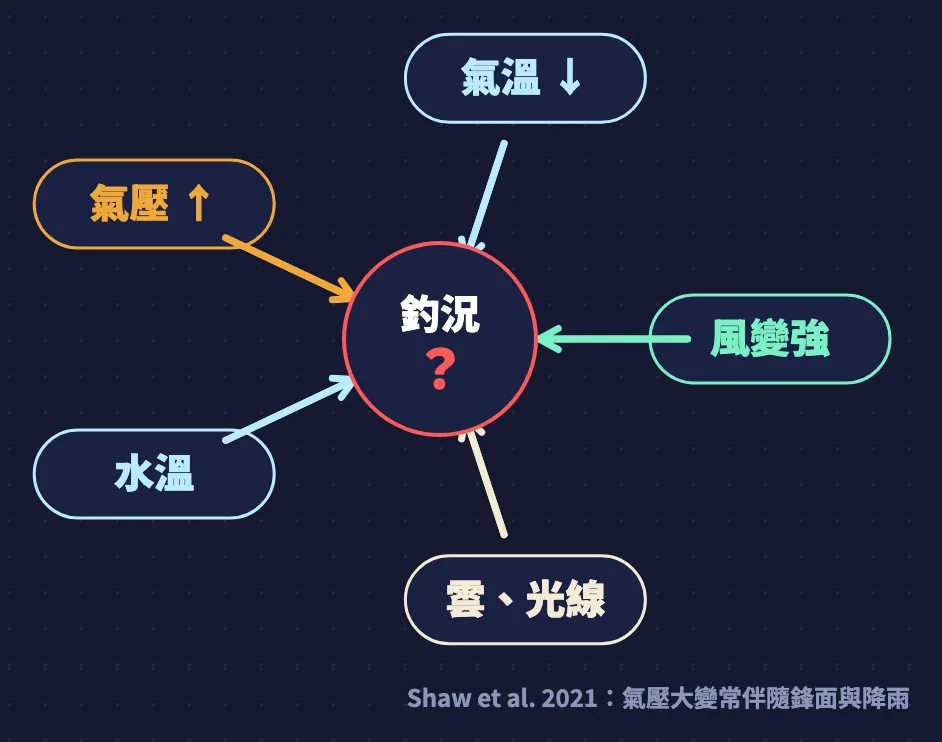 釣況同時受氣壓、氣溫、風、水溫、雲和光線影響,很難分清是哪一個造成