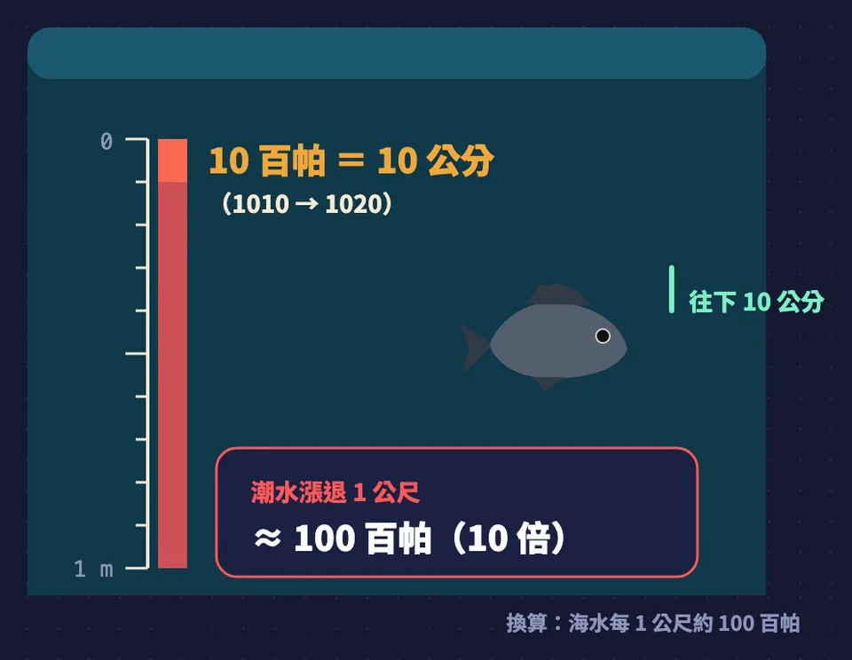 尺度比較:10百帕約等於10公分水深,潮水漲退1公尺約100百帕,是10倍