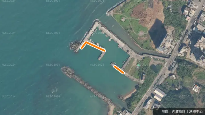 後厝漁港政府公告垂釣範圍示意圖（航照上的橘色實線，以官方公告為準）
