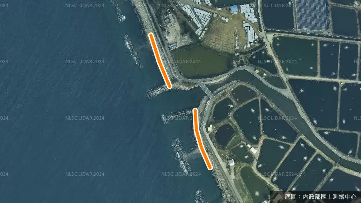 高雄海尾排水出海口政府公告垂釣範圍示意圖（航照上的橘色實線，以官方公告為準）